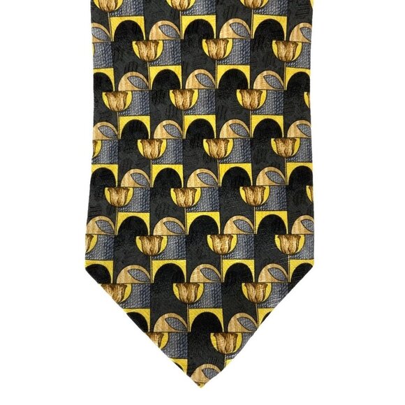 Ermenegildo Zegna Mens Silk Necktie Navy Gold Tulip Pattern Made In Italy - Picture 2 of 5
